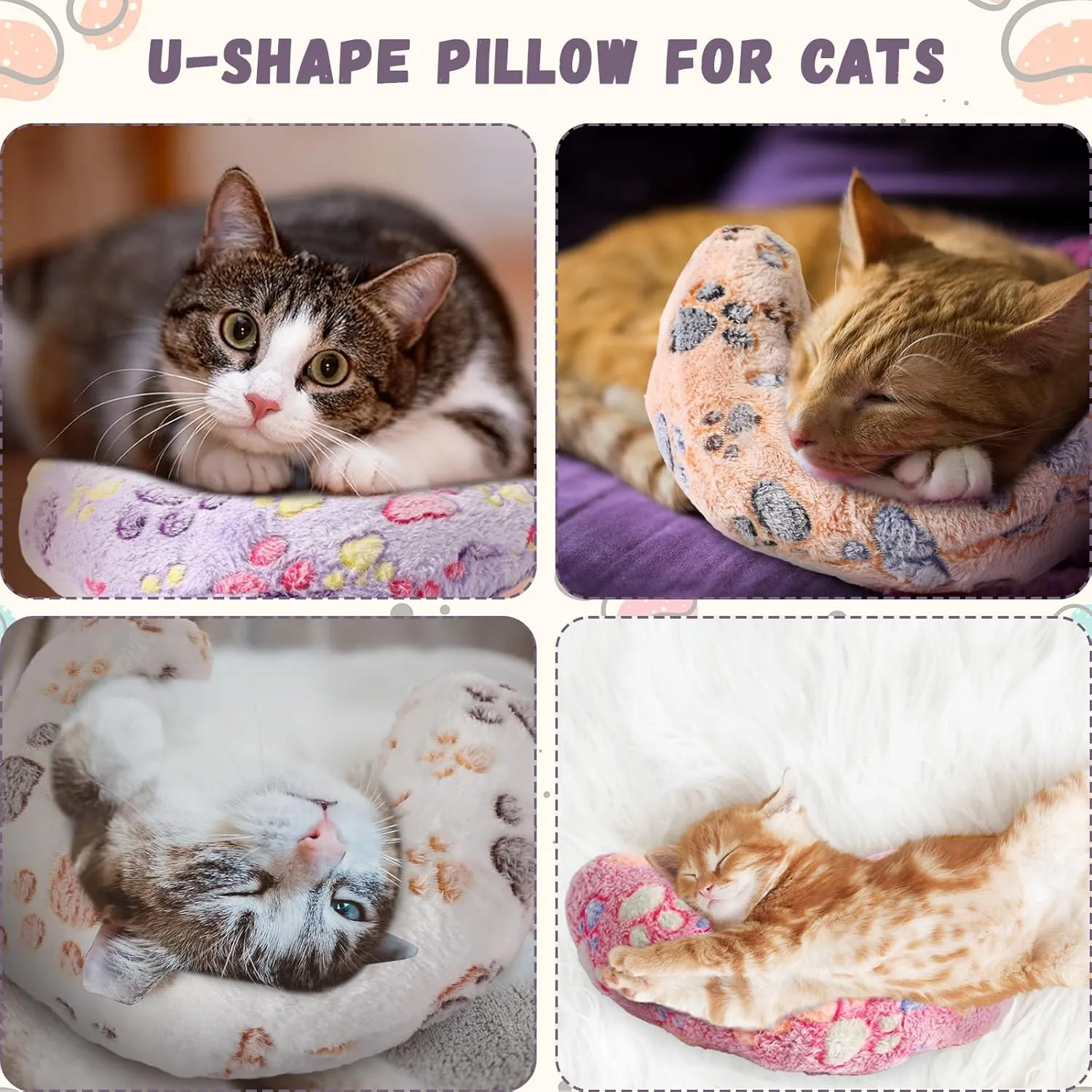 Sweetude 4 Pcs Pillows for Cats Puppy Bed Soft Fluffy Pet Calming Toy Half Donut U Shaped Pet Neck Pillow Training Toy Joint Relief Cervical Protection(Paw,Medium)