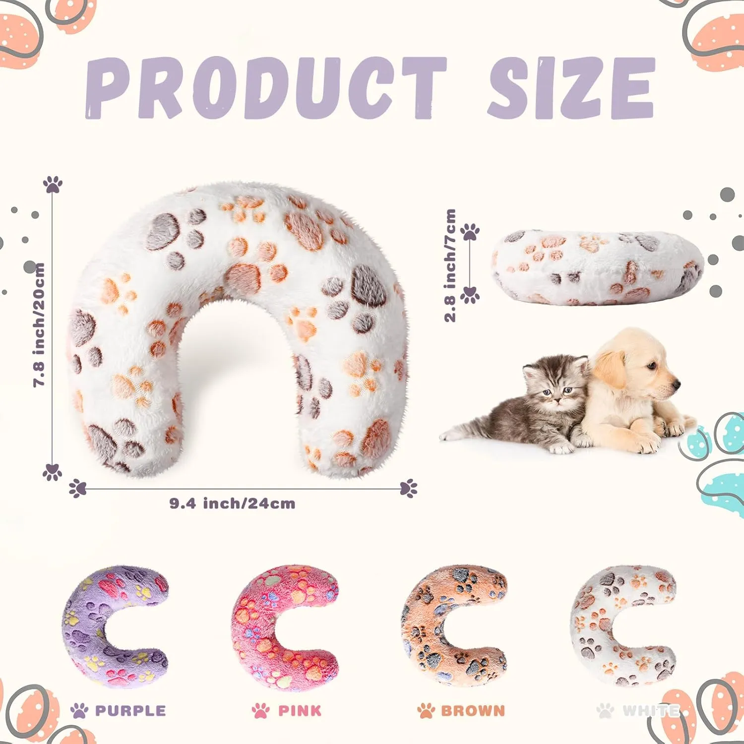 Sweetude 4 Pcs Pillows for Cats Puppy Bed Soft Fluffy Pet Calming Toy Half Donut U Shaped Pet Neck Pillow Training Toy Joint Relief Cervical Protection(Paw,Medium)
