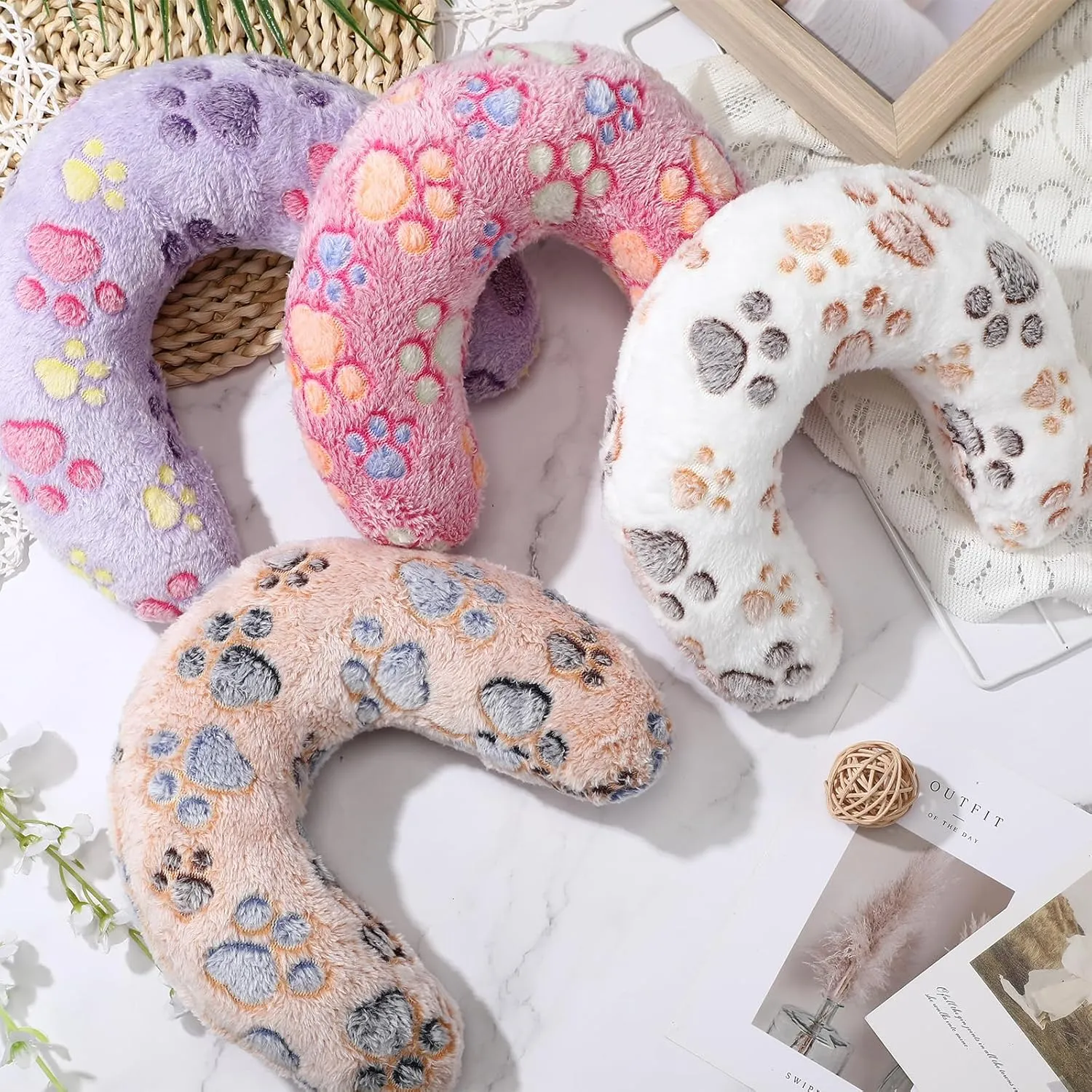 Sweetude 4 Pcs Pillows for Cats Puppy Bed Soft Fluffy Pet Calming Toy Half Donut U Shaped Pet Neck Pillow Training Toy Joint Relief Cervical Protection(Paw,Medium)