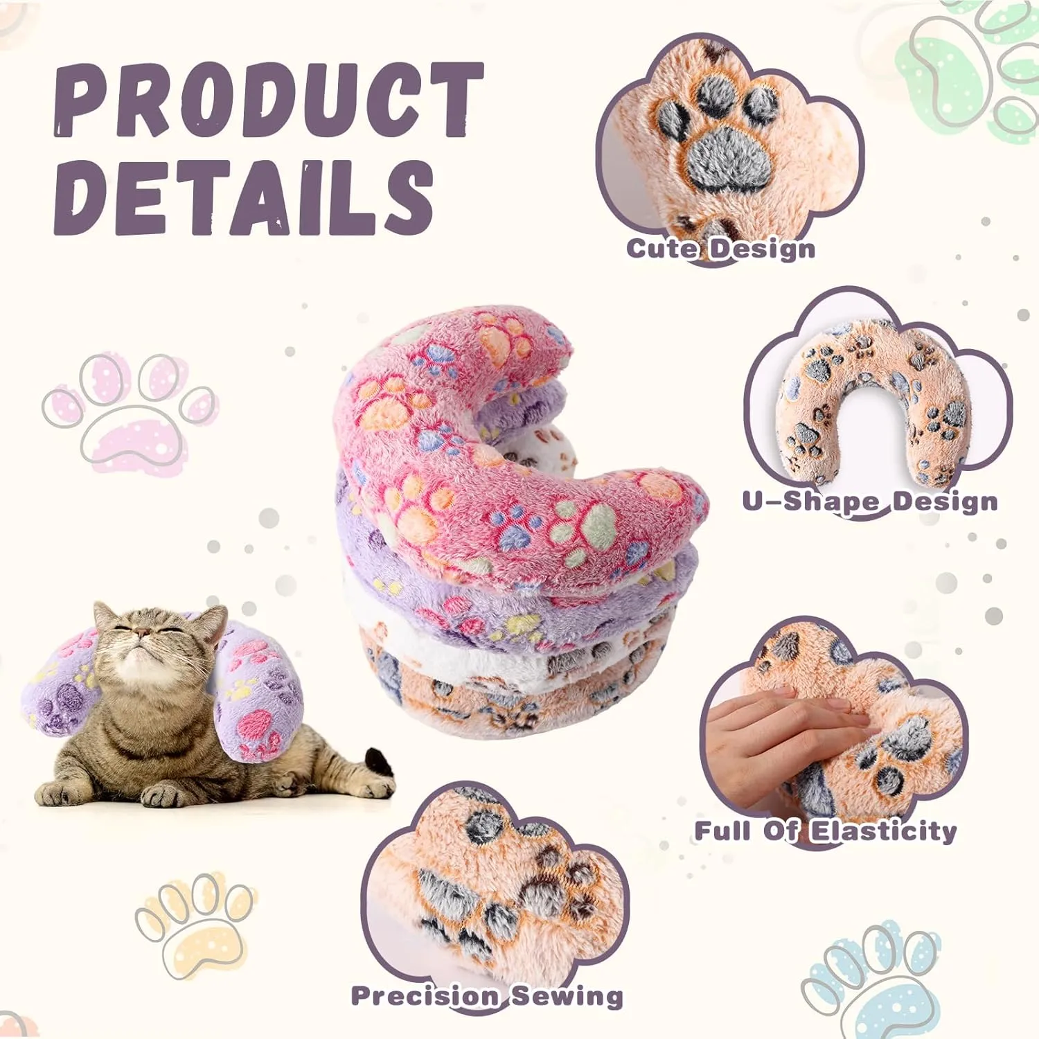 Sweetude 4 Pcs Pillows for Cats Puppy Bed Soft Fluffy Pet Calming Toy Half Donut U Shaped Pet Neck Pillow Training Toy Joint Relief Cervical Protection(Paw,Medium)