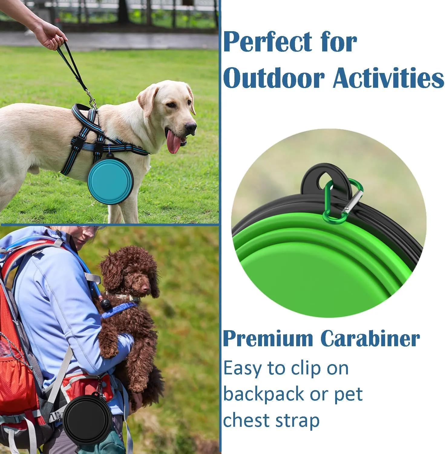 Takfox Collapsible Dog Bowls [2 Pack] 20 oz, Travel Dog Bowls, Pet Bowl Portable Foldable Water Food Feeding Dishes with Carabiner Clip for Traveling Hiking Walking-Black & Green